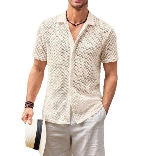 Summer Mesh Short Sleeve Shirt Fashion Solid Color Lapel Shirt Tops Beach Men Clothing - Image 5