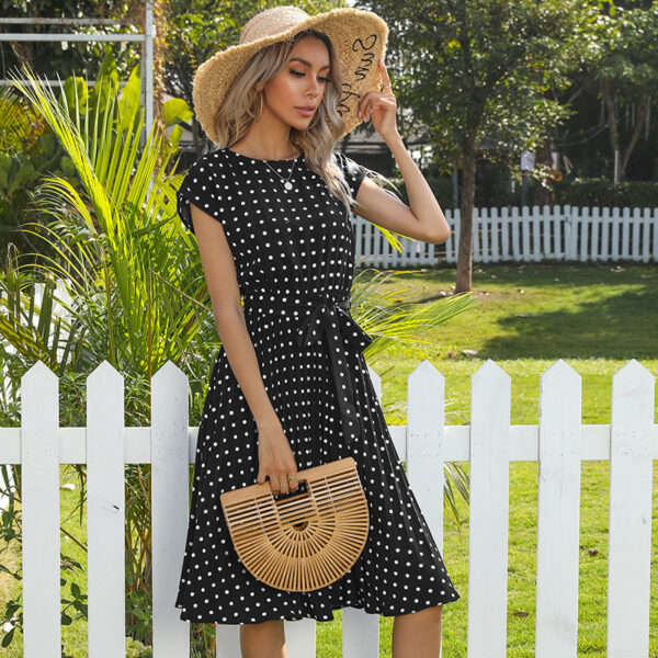 Summer Women Polka Dot Short Sleeve Dress Casual Bandage Party Pleated Midi Dresses Elegant Green Office Lady Clothing - Image 6