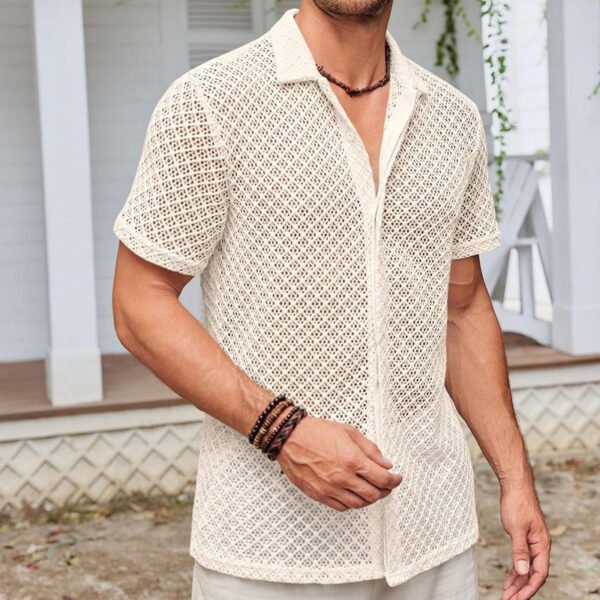 Summer Mesh Short Sleeve Shirt Fashion Solid Color Lapel Shirt Tops Beach Men Clothing - Image 3